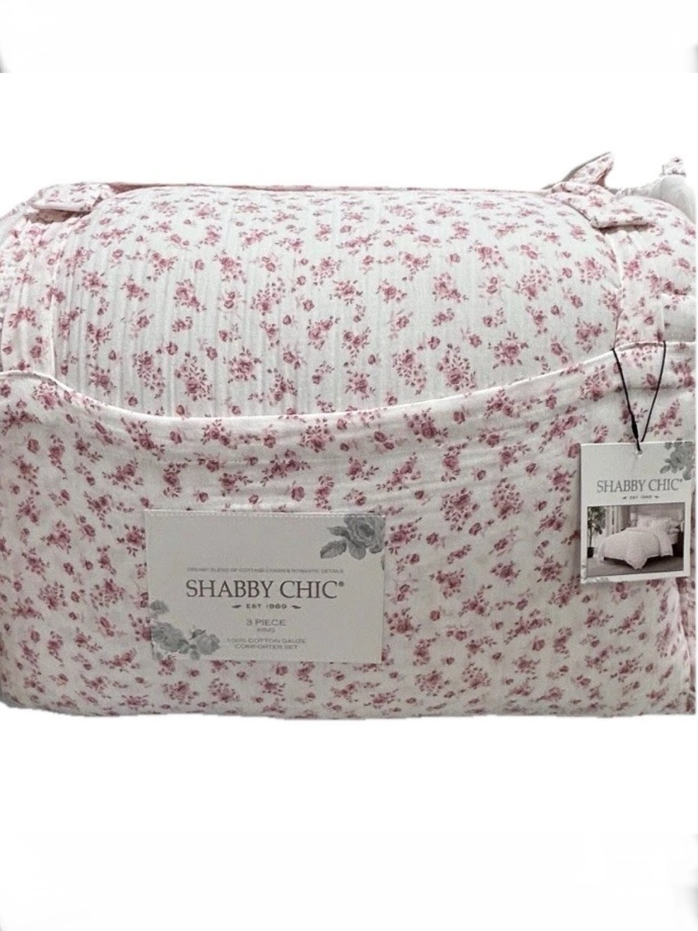 Shabby Chic Floral Pink and White Cotton Gauze King Comforter Set 106”x90”